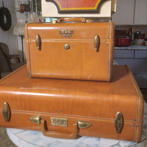 Vintage Samsonite suitcase and train case warm brown leather from the 1950s - Picture 1 of 1